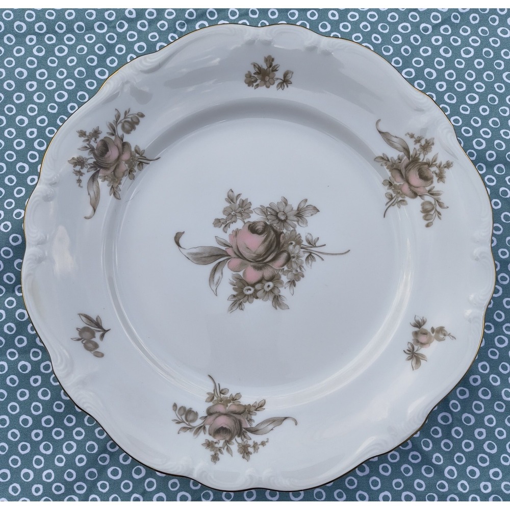 Johann Haviland Sepia Rose 10" Dinner Plate Bavaria Germany‎ Gold Rim Vintage